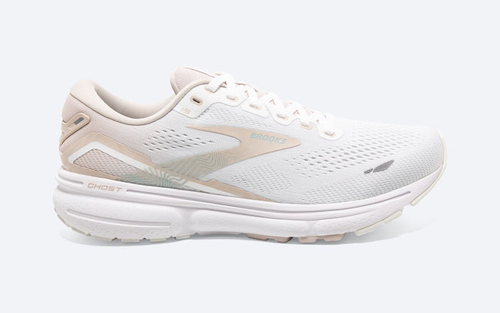 Women's Brooks Ghost 15, White/Crystal Grey/Glass, 9 B Medium