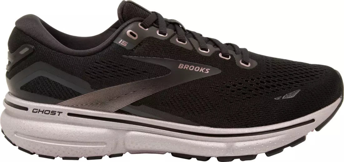 Women's Brooks Ghost 15, Black/Rose Gold, 7.5 B Medium