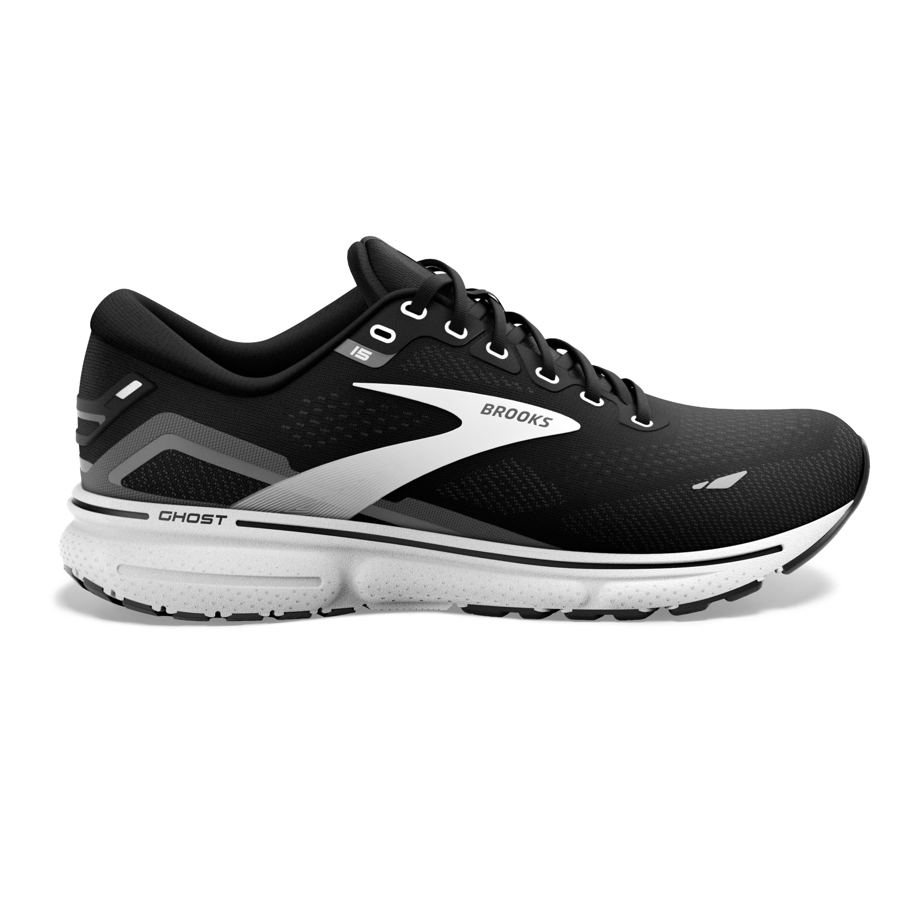 Men's Brooks Ghost 15, Black/Blackened Pearl/White, 12 2E Wide
