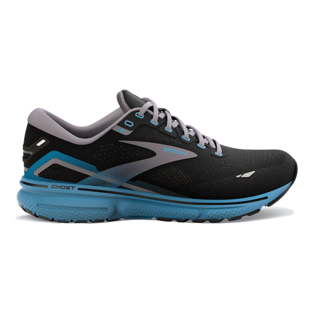 Men's Brooks Ghost 15, Black/Blackened Pearl/Blue, 10.5 D Medium