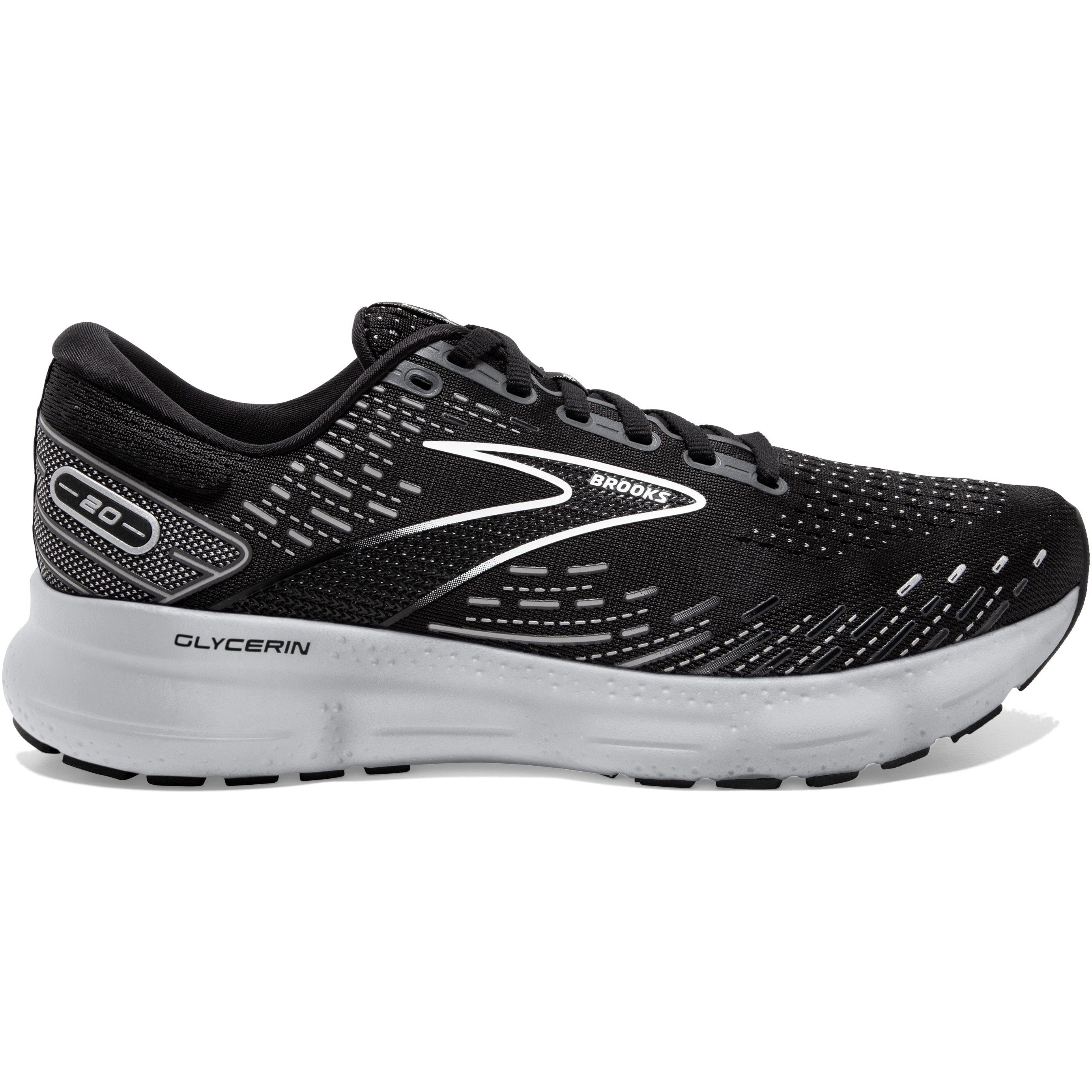 Men's Brooks Glycerin 20, Black/White/Alloy, 10 2E Wide