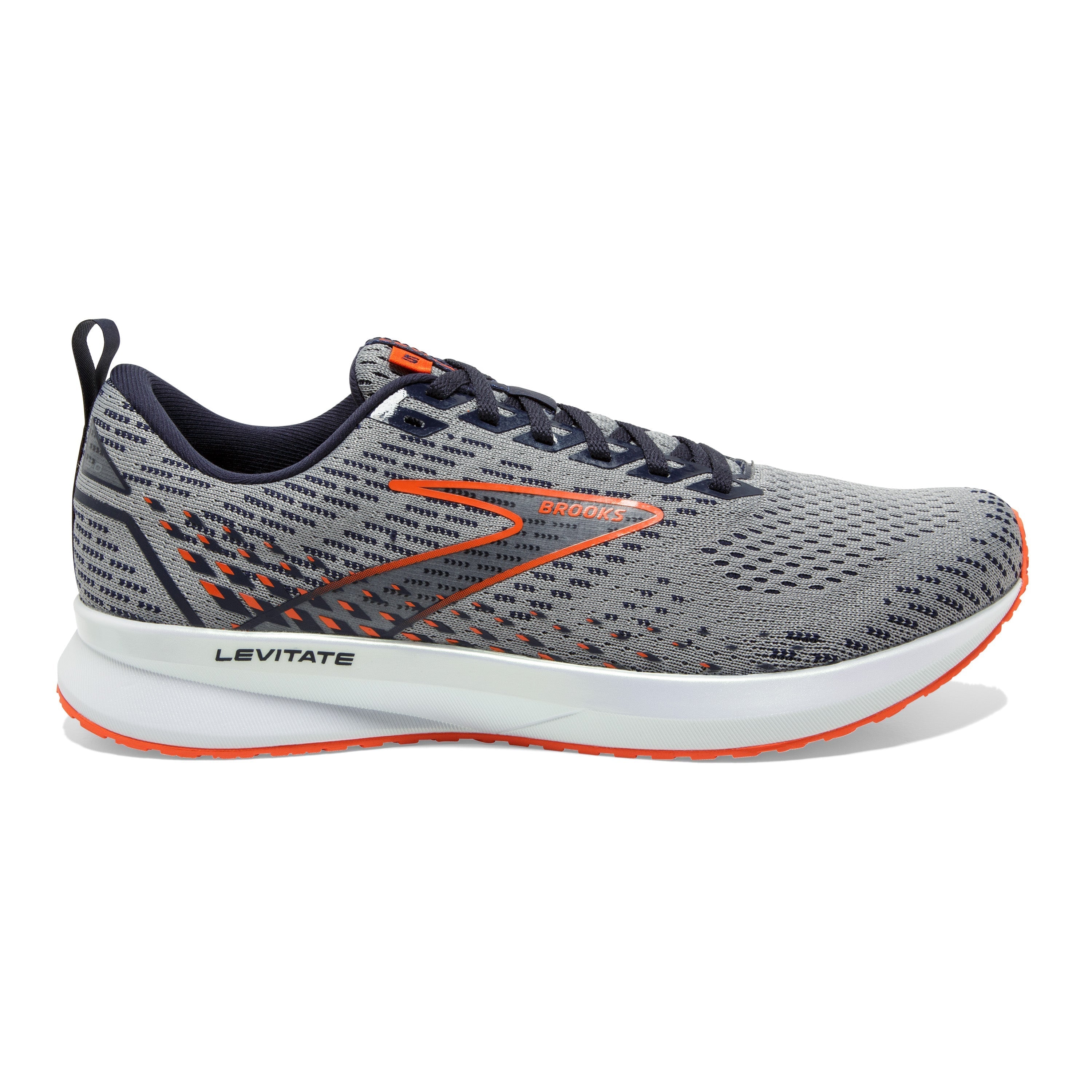 Men's Brooks Levitate 5, Grey/Peacoat/Flame, 12.5 D Medium