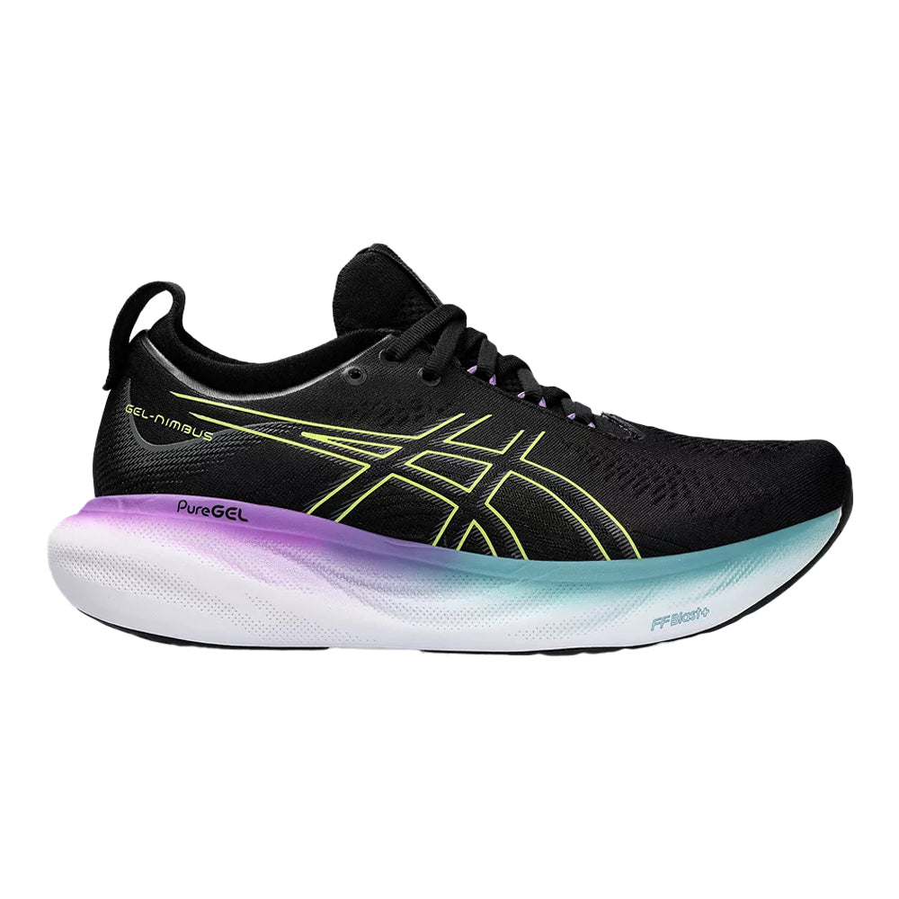 Women's Asics Gel-Nimbus 25, Black/Glow Yellow, 9 D Wide