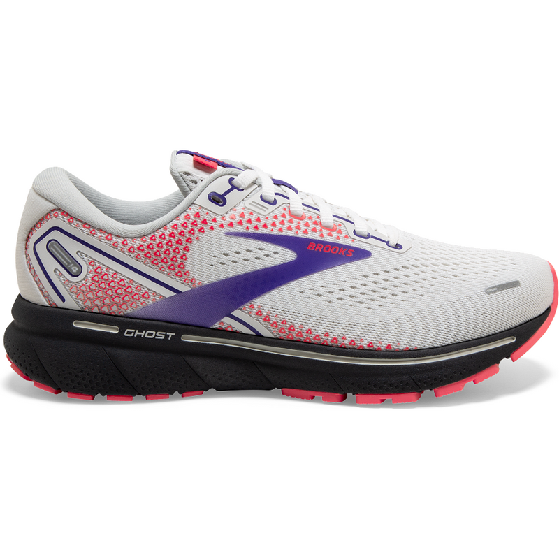 Women's Brooks Ghost 14, White/Purple/Coral, 12 B Medium