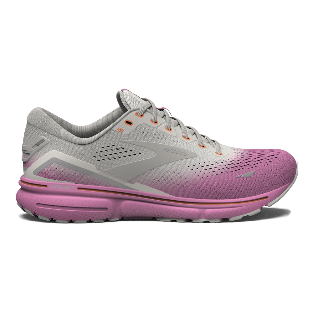 Women's Brooks Ghost 15, Grey/Coconut/Fuchsia, 10 B Medium