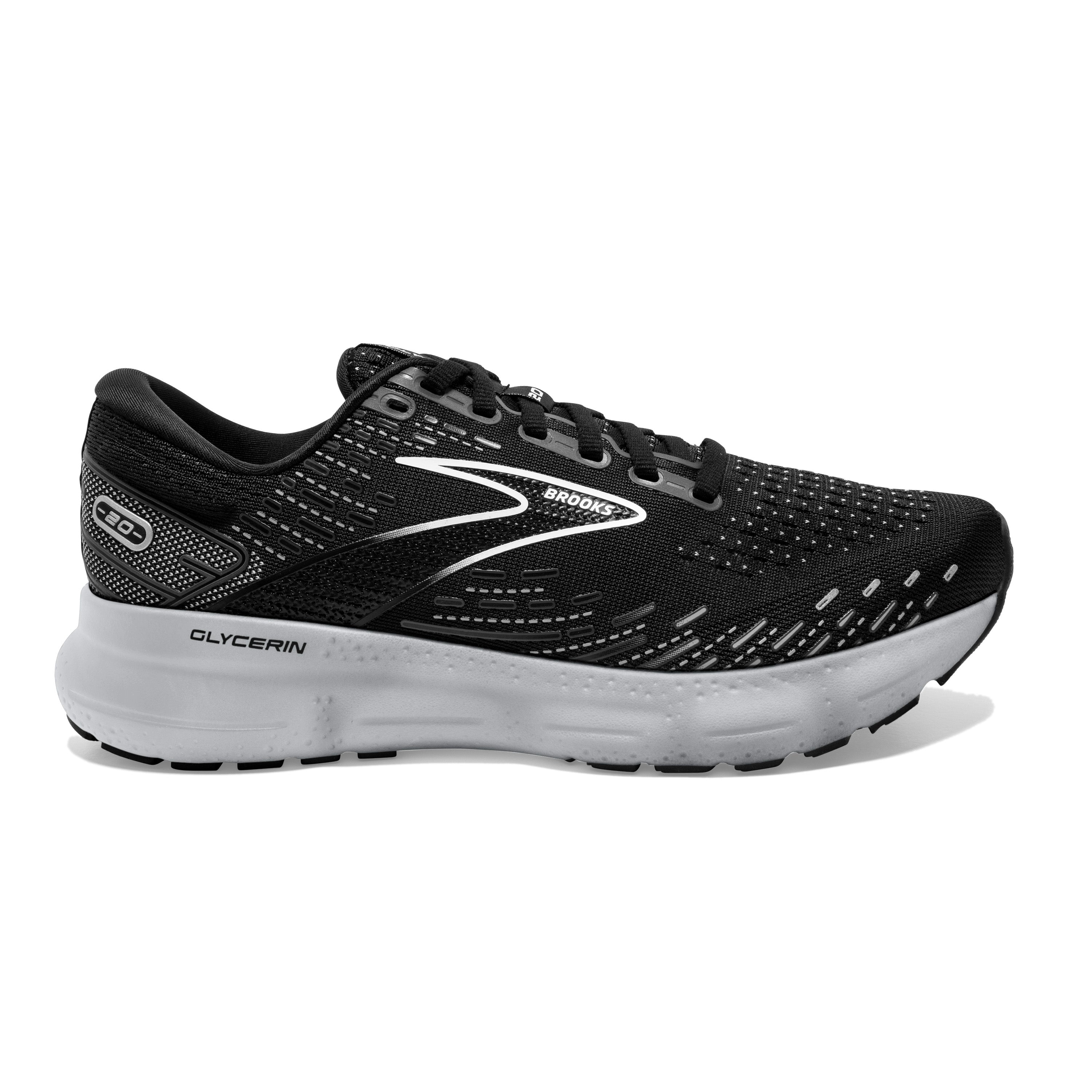 Women's Brooks Glycerin 20, Black/White/Alloy, 10 D Wide