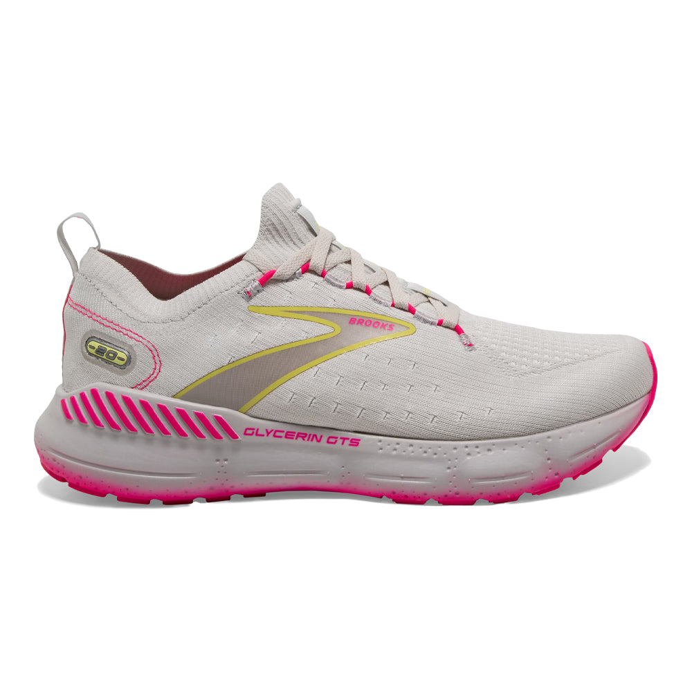 Women's Brooks Glycerin StealthFit GTS 20, Grey/Yellow/Pink, 11 B Medium