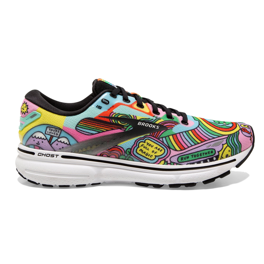 Men's Brooks Ghost 15, Black/White/Multi, 8.5 D Medium