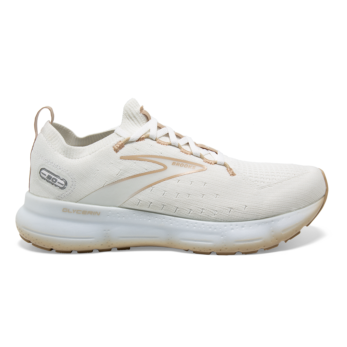 Women's Brooks Glycerin StealthFit 20, White/Khaki, 7.5 B Medium