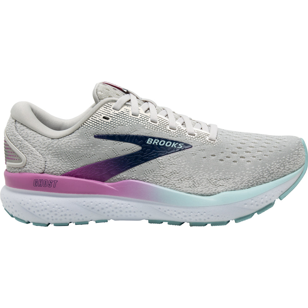 Women's Brooks Ghost 16, White/Grey/Estate Blue, 10 D Wide